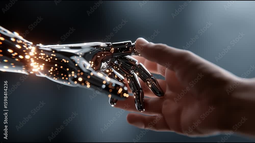 Aufkleber connection between human and robot hand creates a spark of life in a futuristic setting