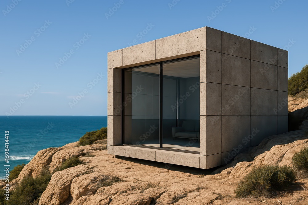 Poster a modern minimalist concrete structure offers a serene view of the endless ocean, harmonizing with t