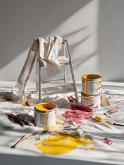 A chaotic paint setup features spilled yellow and pink paint cans, brushes, and a ladder, capturing creativity in progress.
