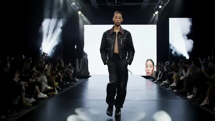 High-energy fashion show featuring a model strutting down the runway amidst an enthusiastic audience.