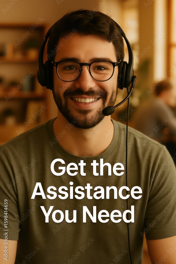 Poster a supportive customer service agent ready to assist and ensure client satisfaction. focused on the c