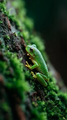 A vibrant green tree frog clings to moss-covered bark, showcasing its textured skin and vivid natural habitat.