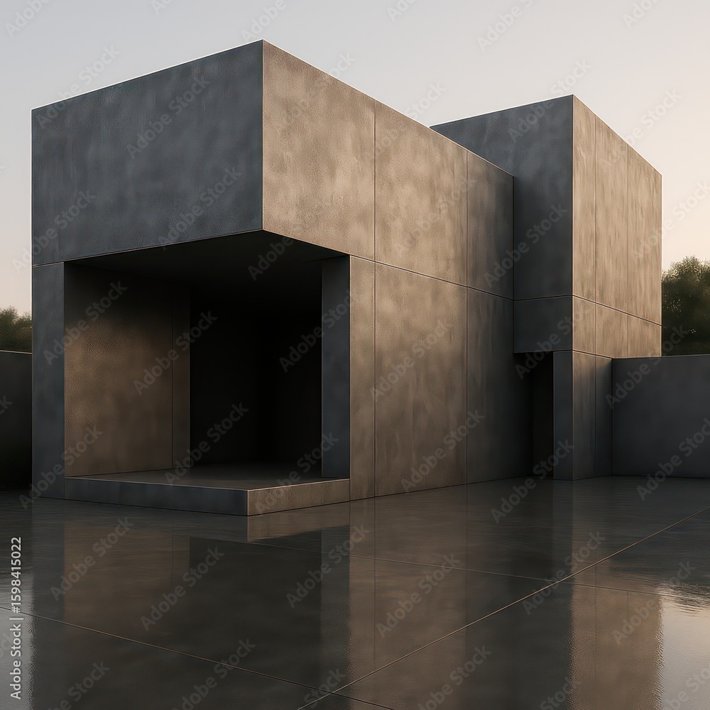 Poster a modern concrete structure with clean lines reflecting in the wet surface, embodying minimalist des