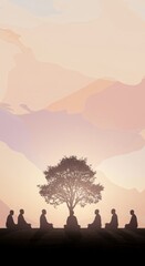Decorative Monks meditating under the bodhi tree at dawn on Dharma Day, silhouettes and abstract patterns as editorial backgrounds, pastel wallpaper.