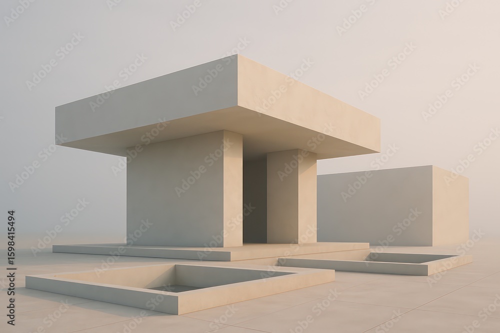 Poster an abstract architectural structure, minimalist in design, stands in a serene environment. clean lin