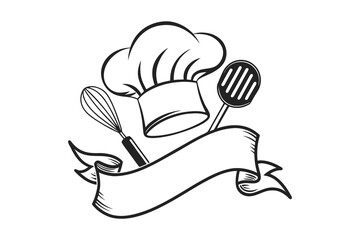 Hand drawn sketch of a chef s hat with whisk and spatula and a blank banner for text silhouette isolated on white background