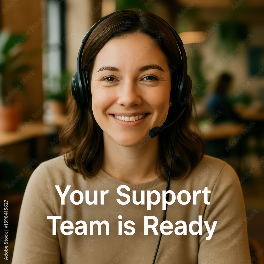 Poster a warm and inviting customer service representative, exudes confidence as she provides helpful custo