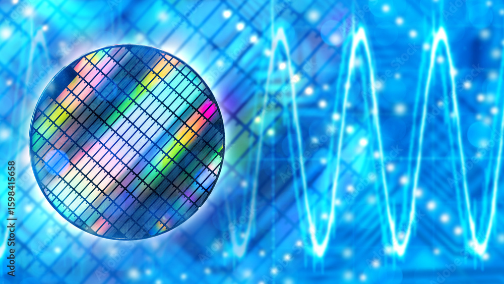 Poster microprocessor under magnification. semiconductor manufacturing. microprocessor under microscope. te