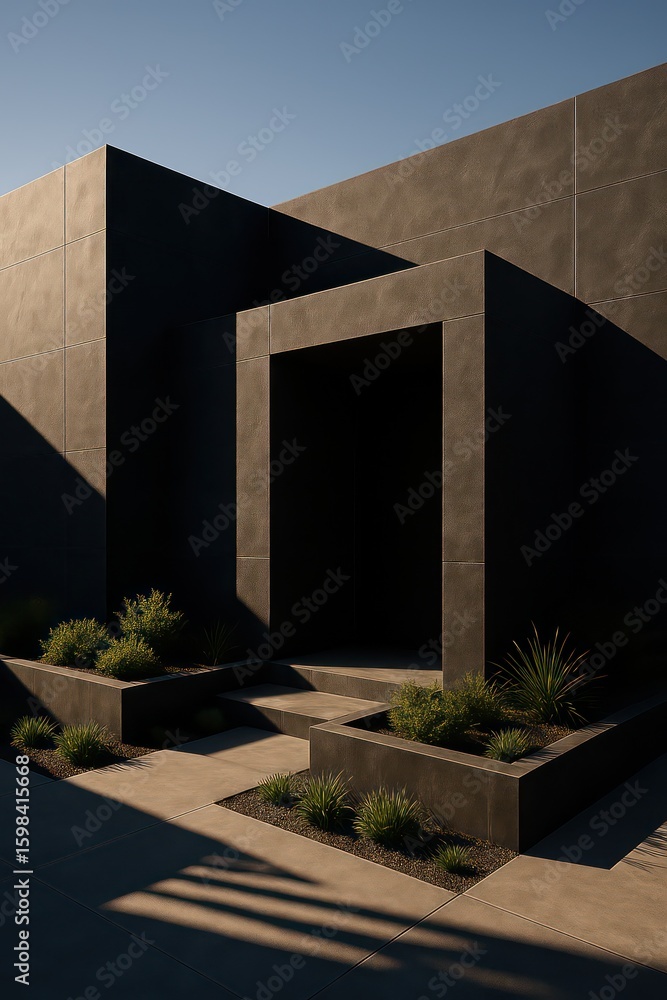 Poster modern architecture harmoniously blends geometric forms with nature, casting shadows and creating a 