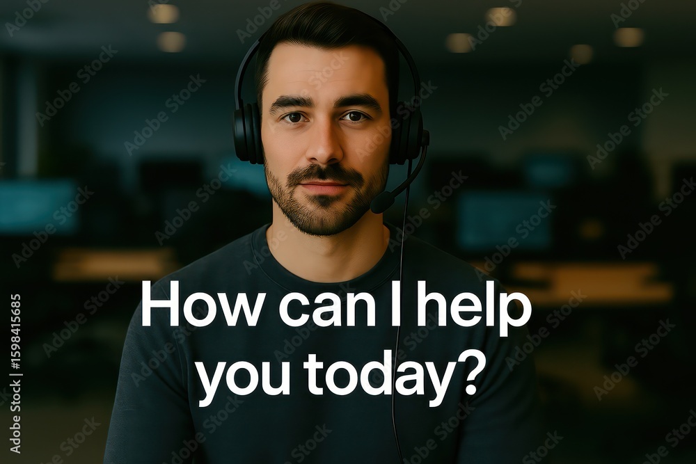 Poster a focused support specialist is offering help with an optimistic tone, ready to assist with any inqu