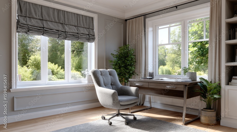 Poster dark gray fabric shades adorn large windows in a sleek office setup featuring a stylish desk and com