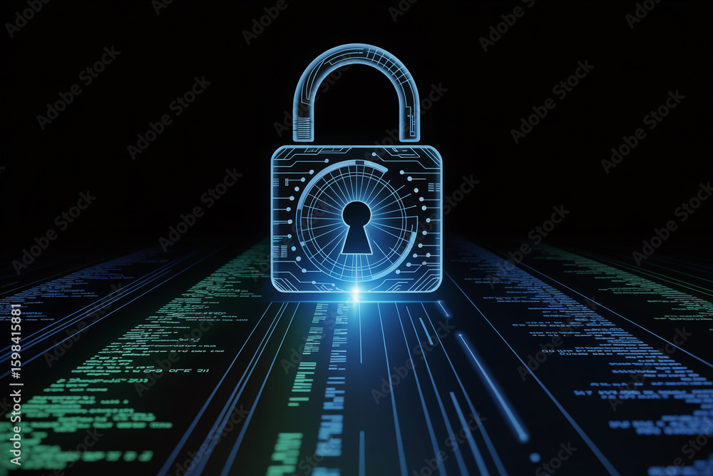 Poster digital padlock representing cybersecurity and data protection on a futuristic circuit board backgro