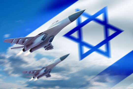 Israel air force. Fighter planes with Jewish flag. Israel air force flying in sky. Fighters performing combat mission. Military planes. Fighters of IDF army from Israel. Military tech. 3d image
