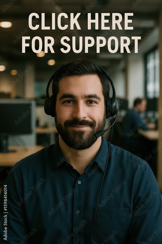 Poster a customer support representative, showcasing empathy and attentiveness, ready to provide assistance