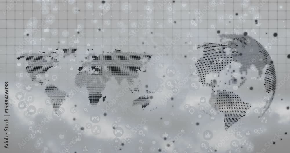 Poster screen opening starting grid with dotted map, icons drifting and pulsing while globe rotating left