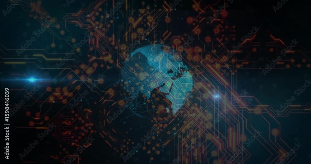 Poster bursting orange sparks, circuit traces converging revealing rotating 3d globe visualizing data flow