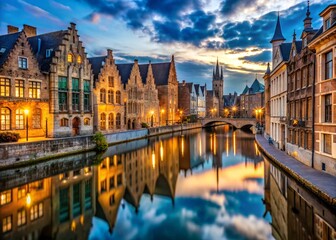 Fototapeta premium Historic european canal city at dusk with illuminated buildings and reflections