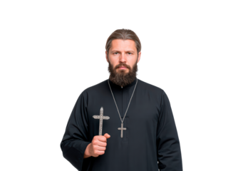 Man priest in religious attire holding cross on transparent background, PNG