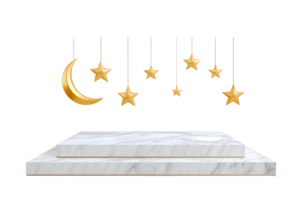 Elegant white marble pedestal with golden crescent moon and star hanging decor on transparent background, PNG