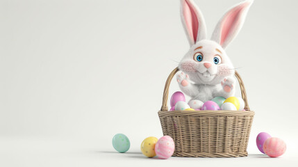 Cute bunny sitting beside a basket of colorful Easter eggs on a bright surface, creating a cheerful springtime vibe