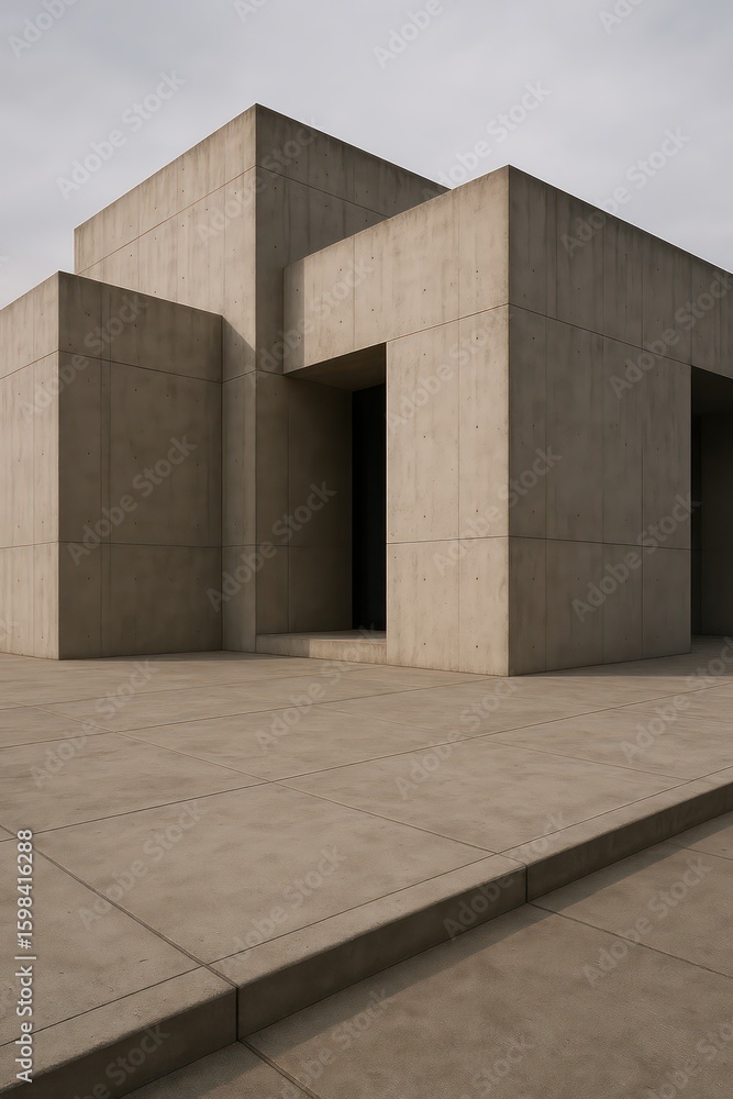 Poster an austere modern concrete structure with minimalist lines, embodying stark geometric forms under a 
