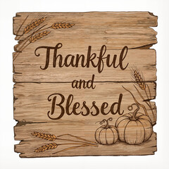 Thankful and blessed wooden sign with pumpkins and wheat decorations  