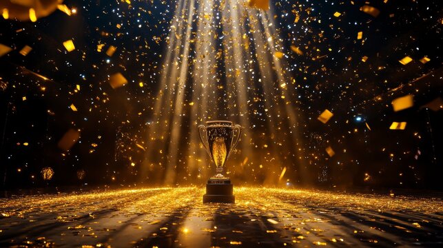 Golden trophy with spotlight and confetti, celebrating success and victory.