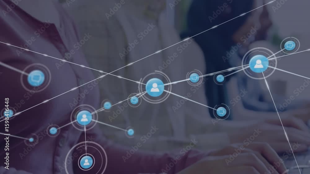 Poster female agent typing on keyboard starting floating user network while call center agents speaking