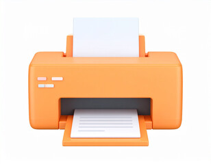 Orange 3d paper printer icon. 3d rendering isolated on white background. Cartoon plastic style.buttons, desktop, document, graphic, ink, machine, minimal, page, print, printing, realistic, sheet, 