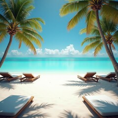 Obraz premium Tropical Beach with Palm Trees and Sunbeds, No People