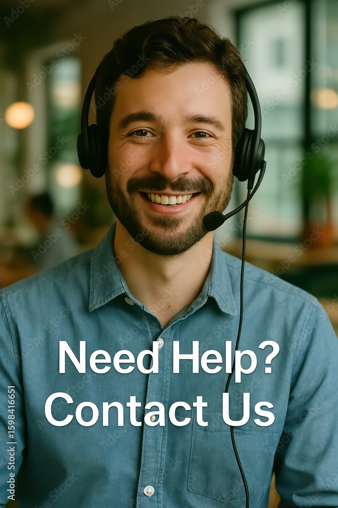 Poster a friendly customer service representative ready to assist with a warm smile. displaying a professio