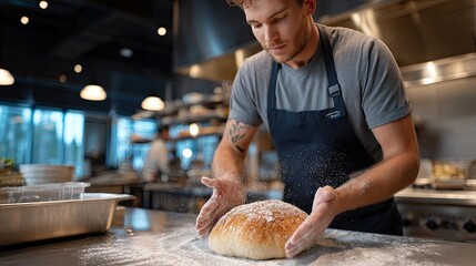 Chef skillfully kneads dough with flour-dusted hands in a cozy home kitchen, showcasing culinary expertise and attention to detail.