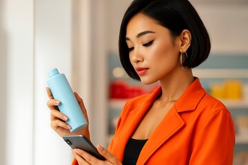 Asian Woman Comparing Beauty Product with Information on Smartphone