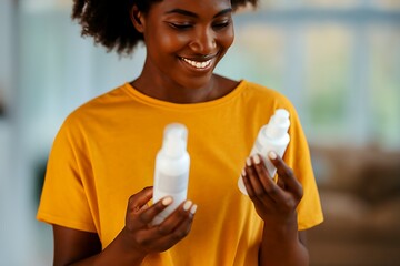 Happy African American Woman Examining Two Beauty Spray Bottles