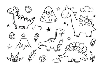 Dinosaur Illustrations: Charming line art illustrations featuring friendly dinosaur characters, perfect for adding a touch of prehistoric fun to any creative project.