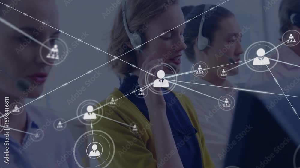 Aufkleber center agent adjusting mic as floating icon prompts support overlay extending connecting user icons