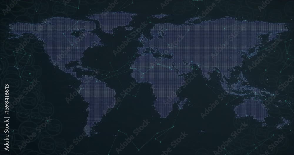 Poster on start grid, world map showing nodes connecting pulsing streaming data illustrating connectivity