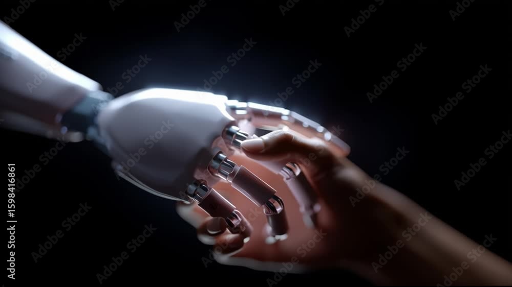 Poster connection between human and machine captured in a dark setting with glowing fingers reaching out