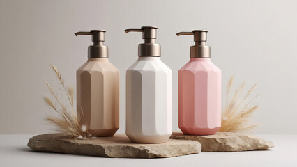 Three elegant dispenser bottles with natural elements for beauty products