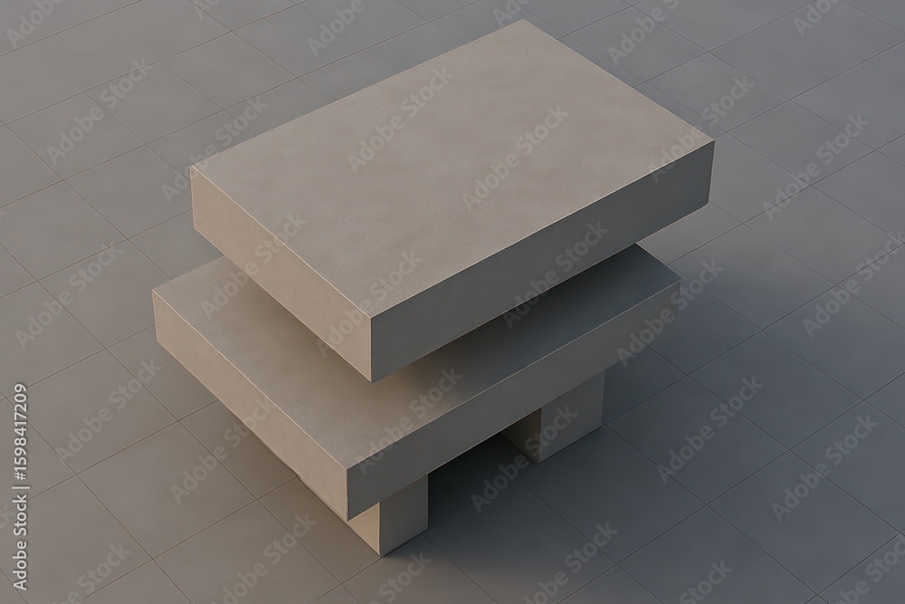 Poster two stacked minimalist blocks design in a high-angle shot. the upper block poised, revealing a compe