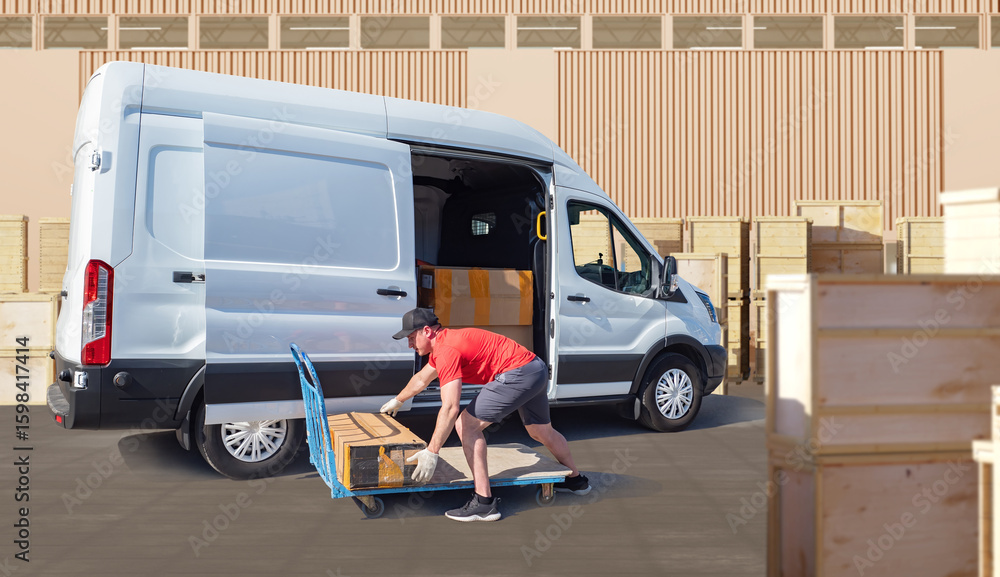 Poster delivery worker unloading cardboard boxes from van using cart at warehouse yard with wooden crates. 