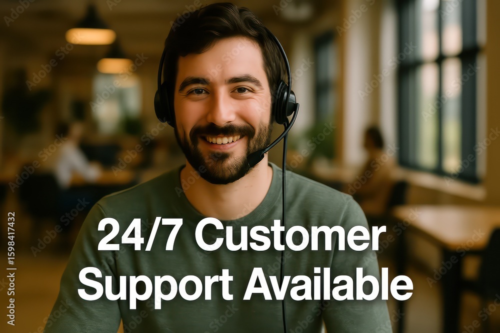 Poster a smiling customer support agent provides round-the-clock assistance. highlighting the availability 