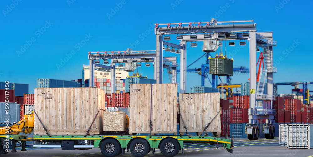 Poster loaded trailer with wooden crates at busy container port terminal with cranes and cargo containers. 