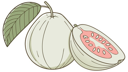 Realistic illustration of a whole guava with subtle green gradients and a halved piece revealing pink flesh and seeds, isolated on white.

