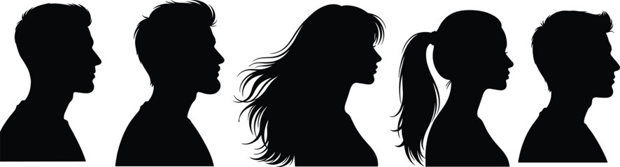 Black silhouette profiles of diverse individuals facing left, side view, isolated on white background, graphic headshot art, vector illustration design