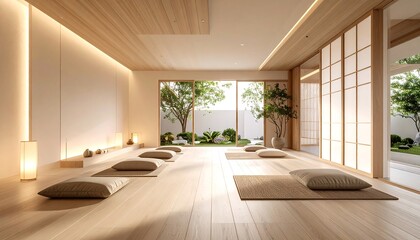 Light-filled Zen space with wooden floors and cushions