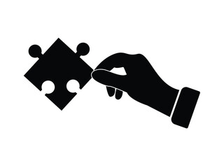 Hand Holding Puzzle Piece In black Vector Illustration.  Strategy, And Teamwork and brainstorm concept. Business idea and solution. Isolated On White Background.