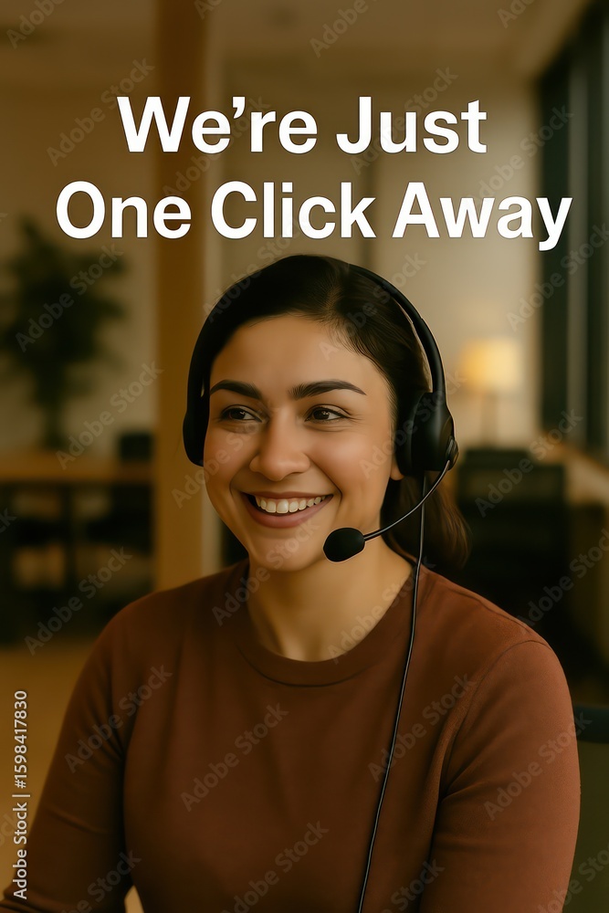 Poster a customer service representative offers support with warmth, exuding approachability, demonstrating