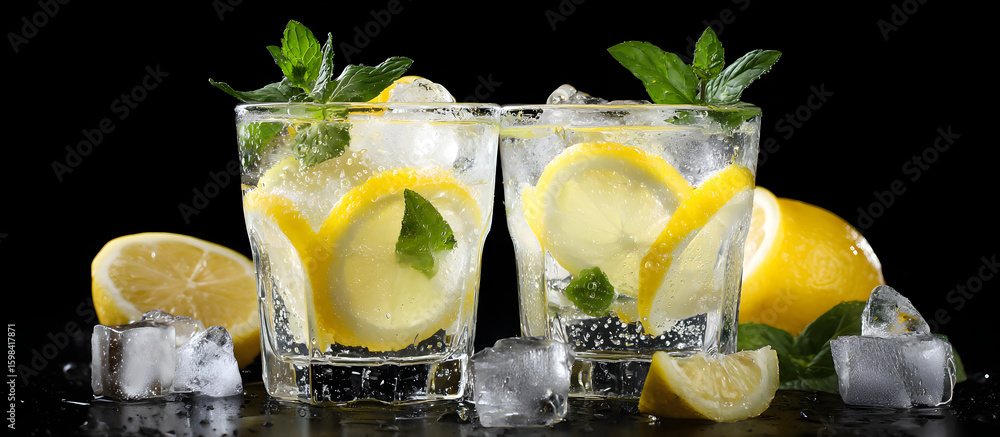 Poster Refreshing lemonade in two clear glasses with mint leaves and lemon slices on ice against a smooth black background with ice cubes and lemon halves.