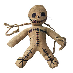Creepy burlap voodoo doll with button eyes isolated on transparent background